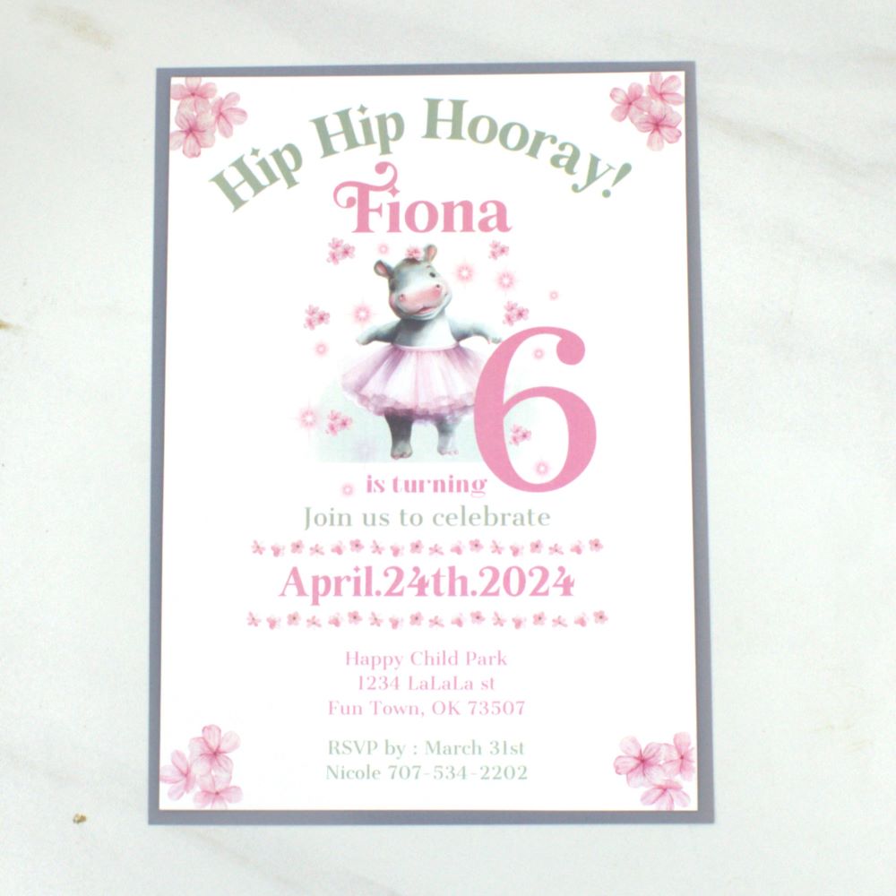 Ballerina Hippo Birthday Invitations