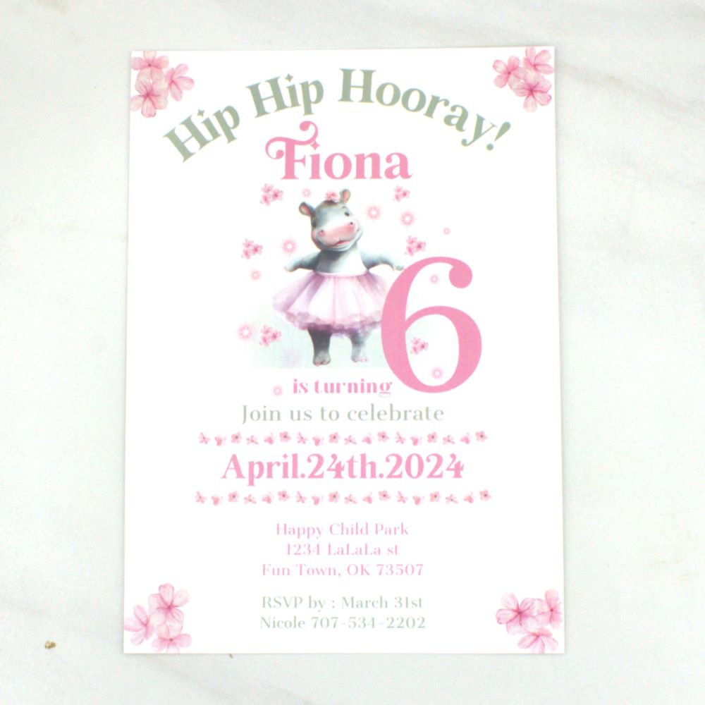 Ballerina Hippo Birthday Invitations