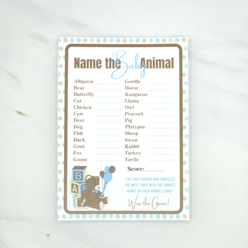 Name the Baby Animal Teddy Bear Baby Shower Game