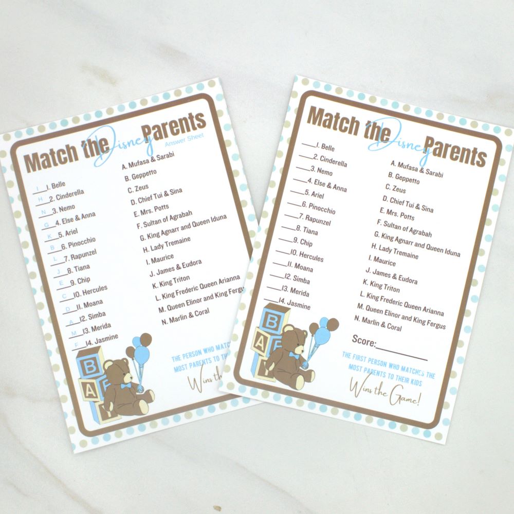 Match the Disney Parents Teddy Bear Baby Shower Game