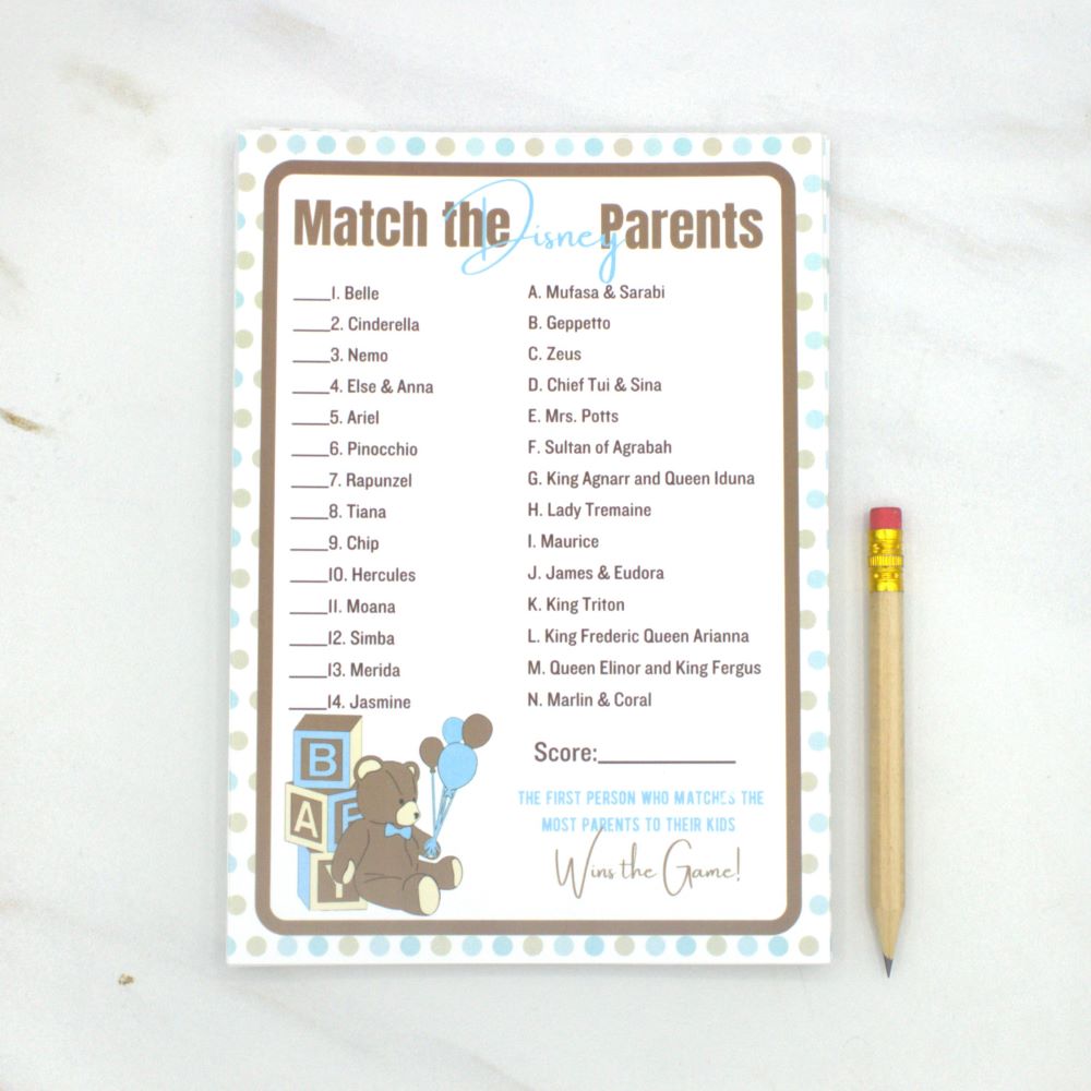 Match the Disney Parents Teddy Bear Baby Shower Game