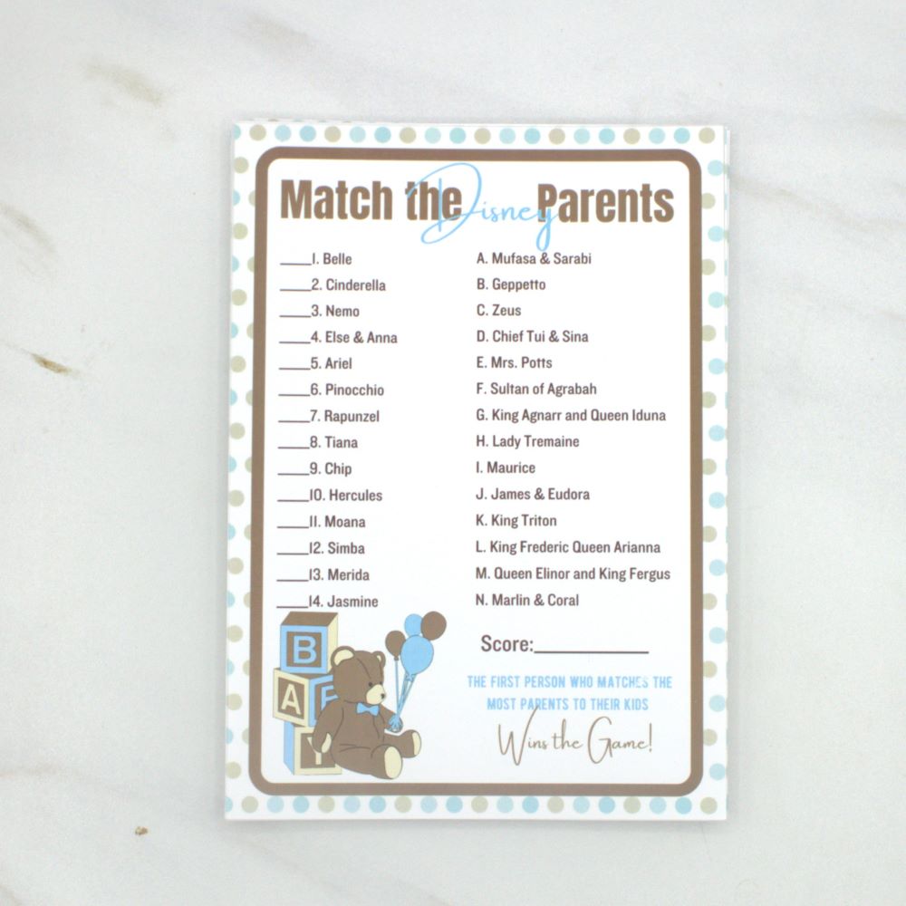 Match the Disney Parents Teddy Bear Baby Shower Game