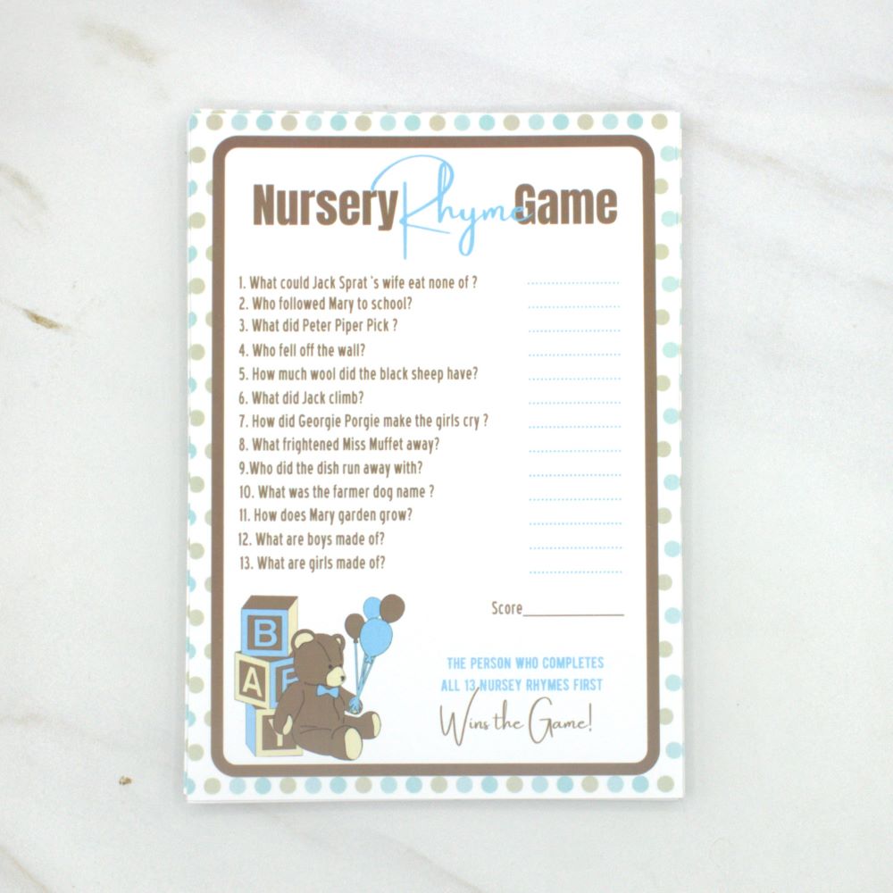 Nursery Rhyme Teddy Bear Baby Shower Game