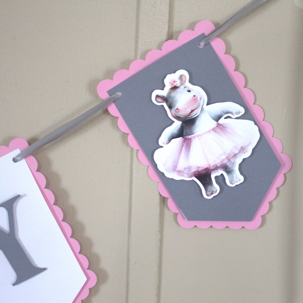 Ballerina Hippo Happy Birthday Banner